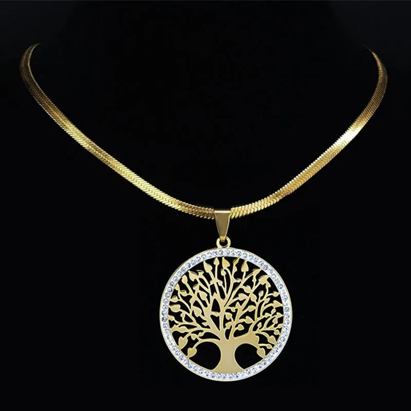 Tree of Life Crystal Steel Choker Necklace for Women