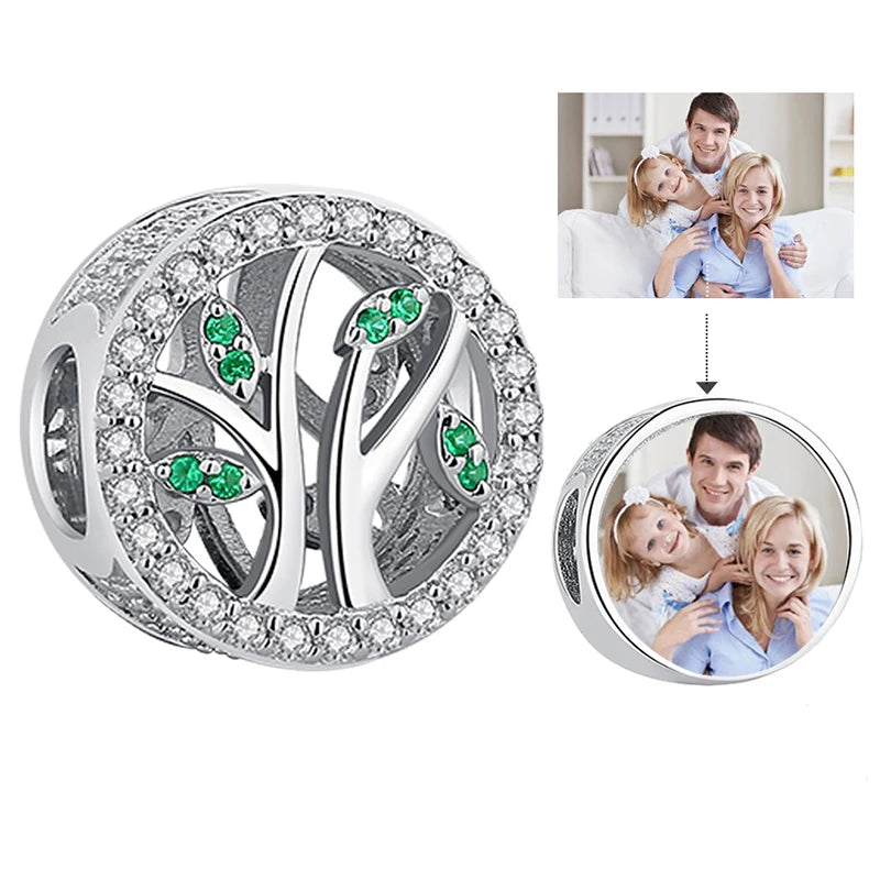 Tree of Life Green Clear CZ Beads Photo Charms 925 Sterling Silver Jewelry