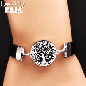 Tree of Life Leather Steel Bracelet Women Silver B1786S03