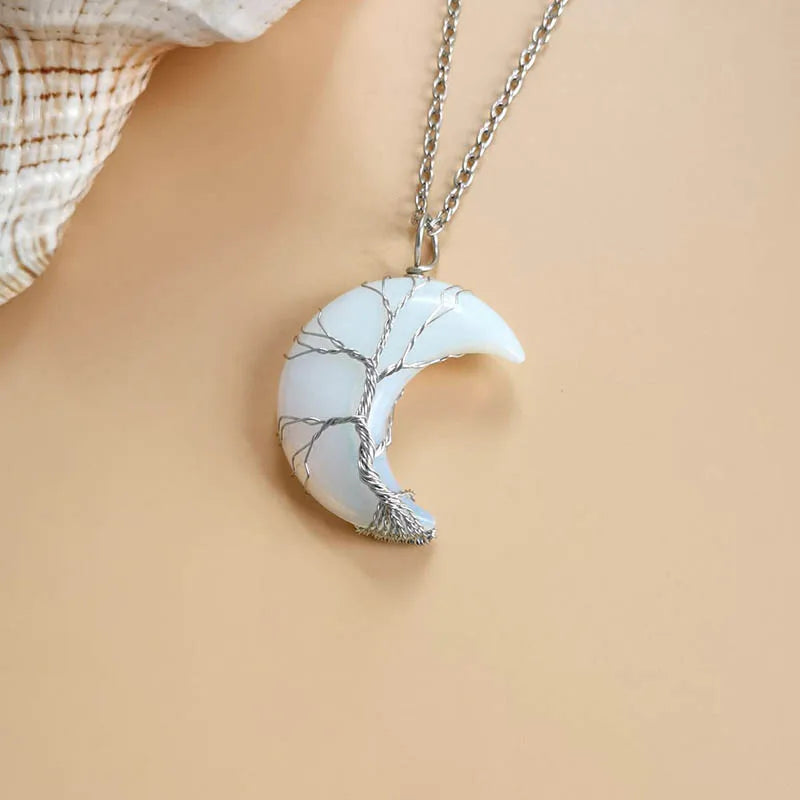 Tree of Life Necklace Moon Shape Pendant Healing Crystal Women Necklace