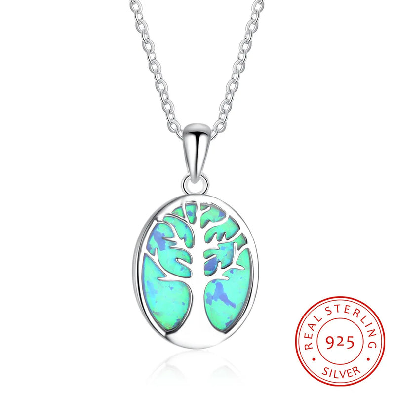 Opal Tree of Life Necklace 925 Sterling Silver Created Opal Pendant for Women