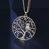 Tree of Life Owl Round Pendant Necklace Crystal Inlaid Accessory