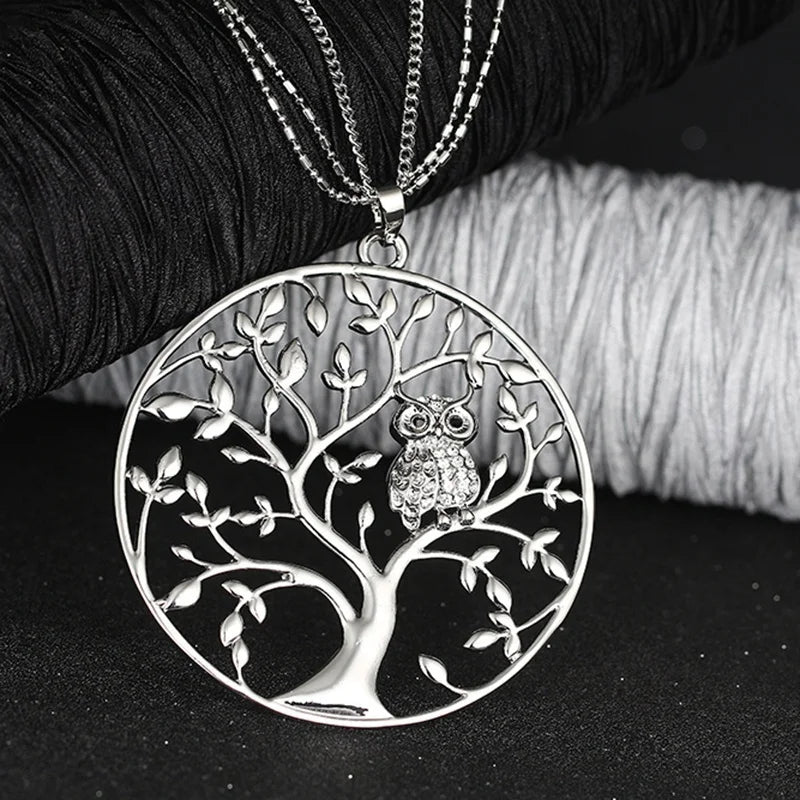 Tree of Life Owl Round Pendant Necklace Crystal Inlaid Accessory