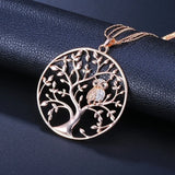 Tree of Life Owl Round Pendant Necklace Crystal Inlaid Accessory