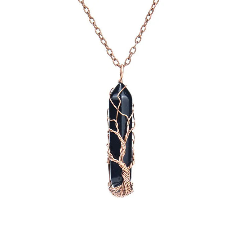 Tree of Life Quartz Crystal Pendant Wire Wrapped Gemstone Necklace