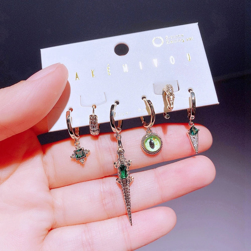 6pcs Mix Green Crocodile Hoop Earrings Set for Women