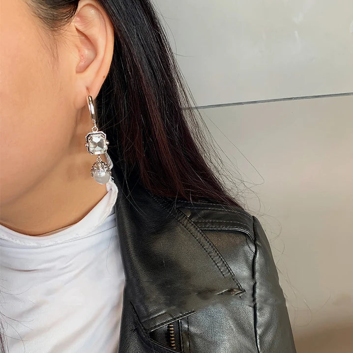 Silver Crystal Pendant Pearl Earrings Jewelry Women Punk Boho Goth