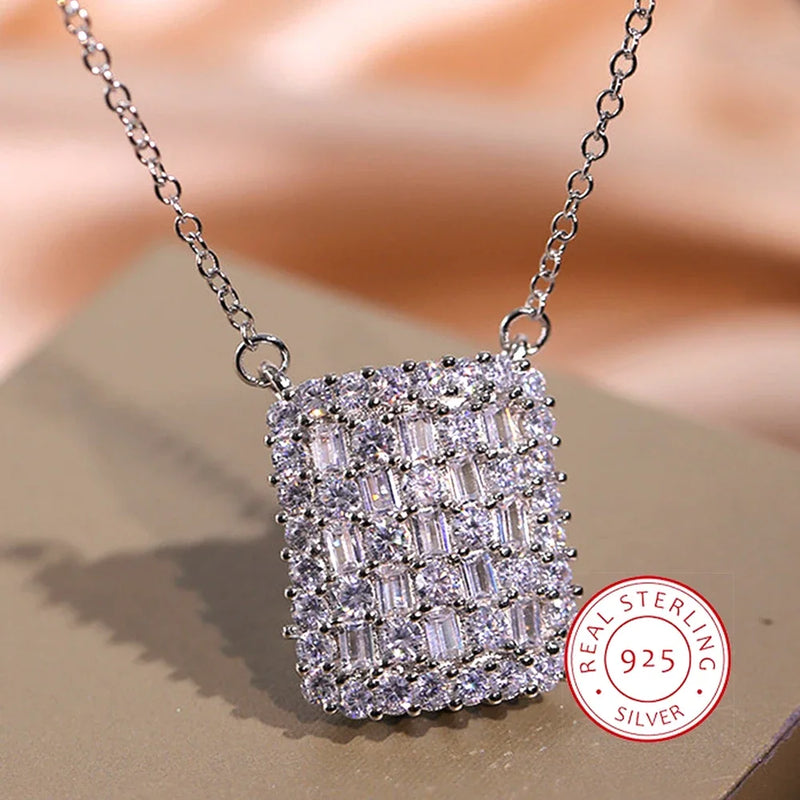 Modern Square CZ 925 Silver Necklace Bling Wedding Jewelry