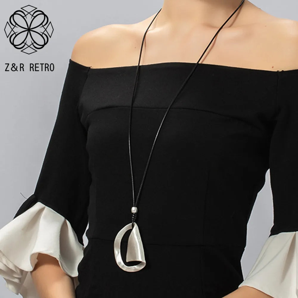 Long Chains Collar Necklace Silver Geometric Pendant Costume Jewelry