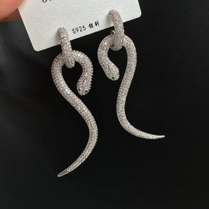 Snake Earrings Silver Zircon Green Eye Jewelry Modern Gift