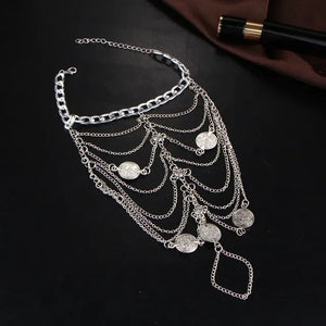 Boho Punk Metal Chain Tassel Coin Anklet Set Gift