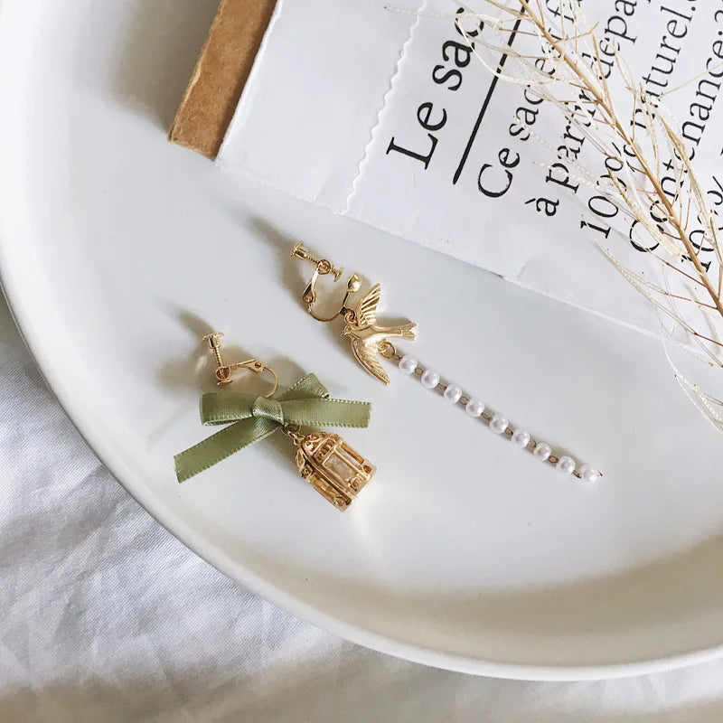 Asymmetric Bow Bird Cage Clip Earrings Women Girl's Pearl Tassel Accessories