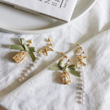 Asymmetric Bow Bird Cage Clip Earrings Women Girl's Pearl Tassel Accessories