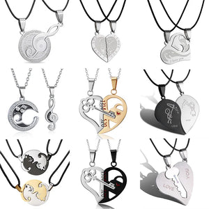 Moon Cat Heart Pendant Necklace Set Stainless Steel Couple Jewelry