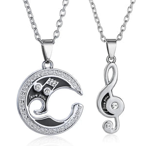 Moon Cat Heart Pendant Necklace Set Stainless Steel Couple Jewelry