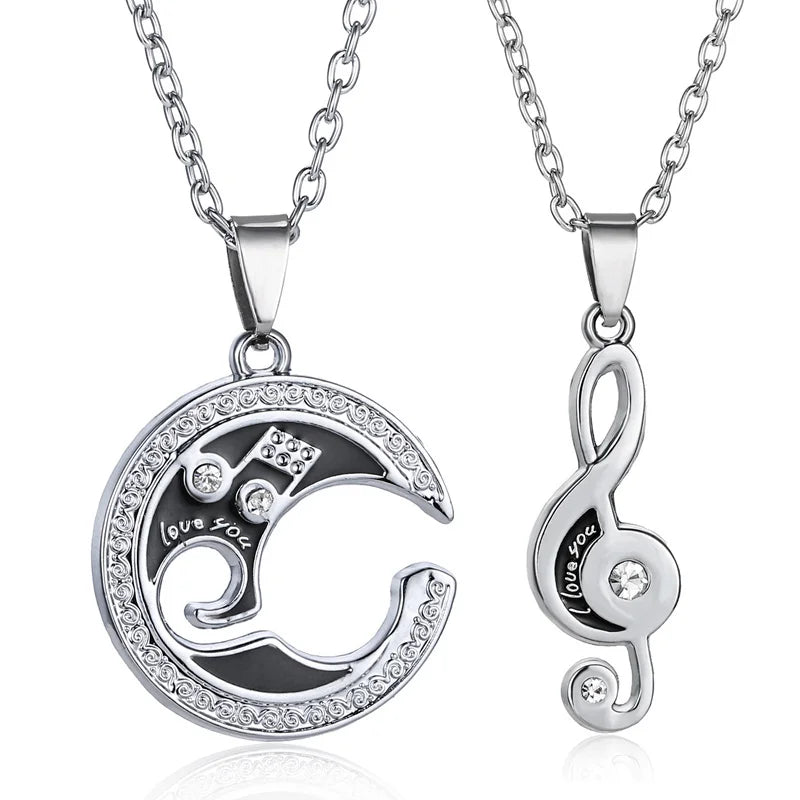 Moon Cat Heart Pendant Necklace Set Stainless Steel Couple Jewelry