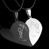 Moon Cat Heart Pendant Necklace Set Stainless Steel Couple Jewelry