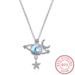 Stars Moon Planet Universe 925 Silver Clavicle Chain Necklace