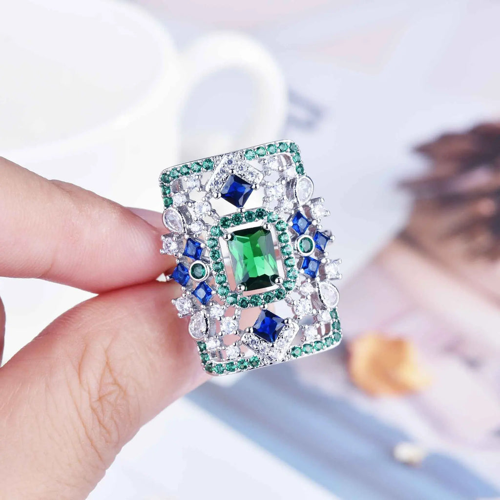 Vintage Silver Green CZ Hollow Wedding Bridal Ring