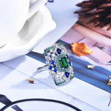 Vintage Silver Green CZ Hollow Wedding Bridal Ring