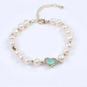Potato Shape Pearl Bracelet with Green Heart Accessories for Women