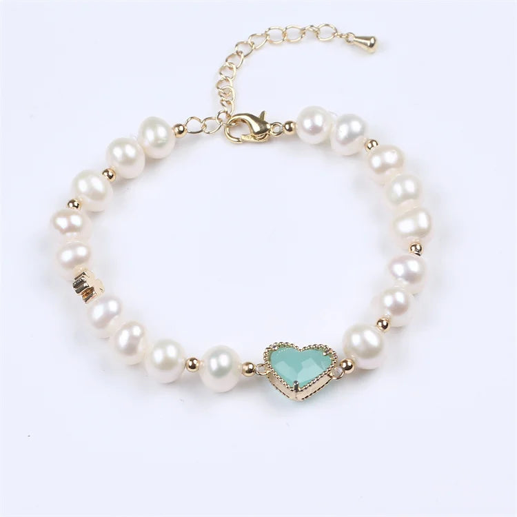 Potato Shape Pearl Bracelet with Green Heart Accessories for Women
