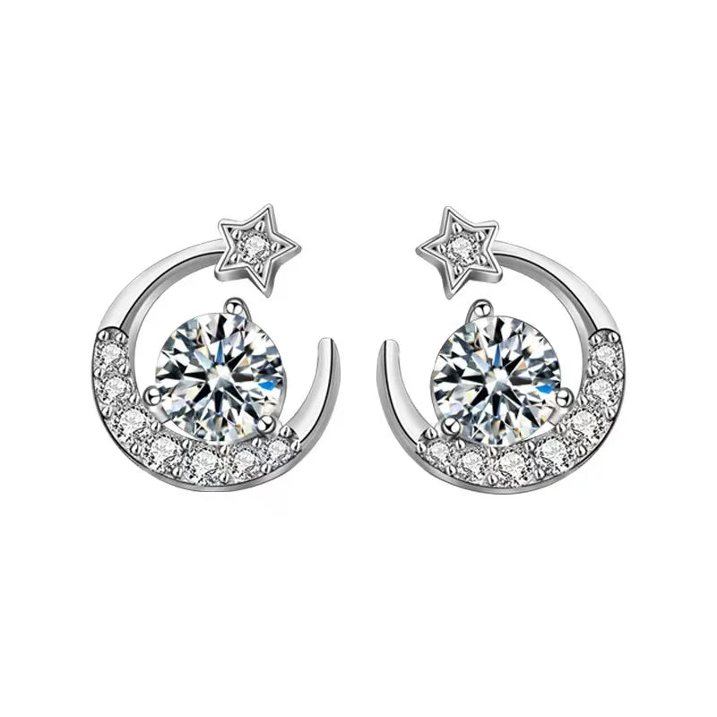 0.5ct D Moissanite Star Moon Earrings 925 Sterling Silver Plated Stud Gift