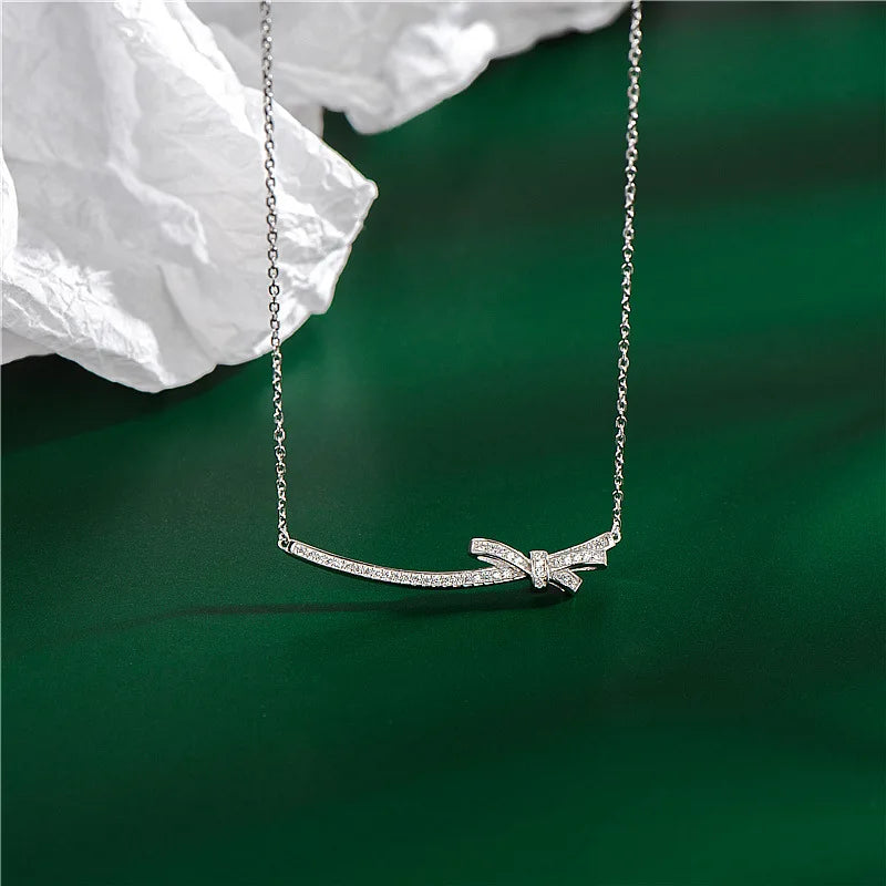 925 Silver Smile Bowknot Choker Necklace CZ Diamond Wedding Jewelry