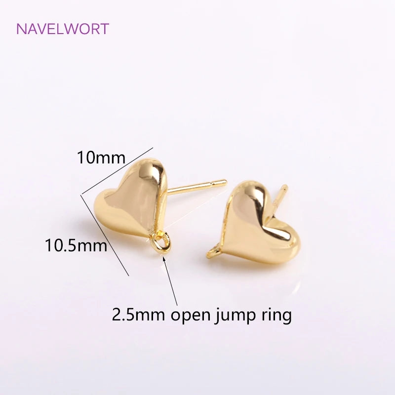 14K Plated Heart Post Earring With Jump Ring, Love Stud Earring Components