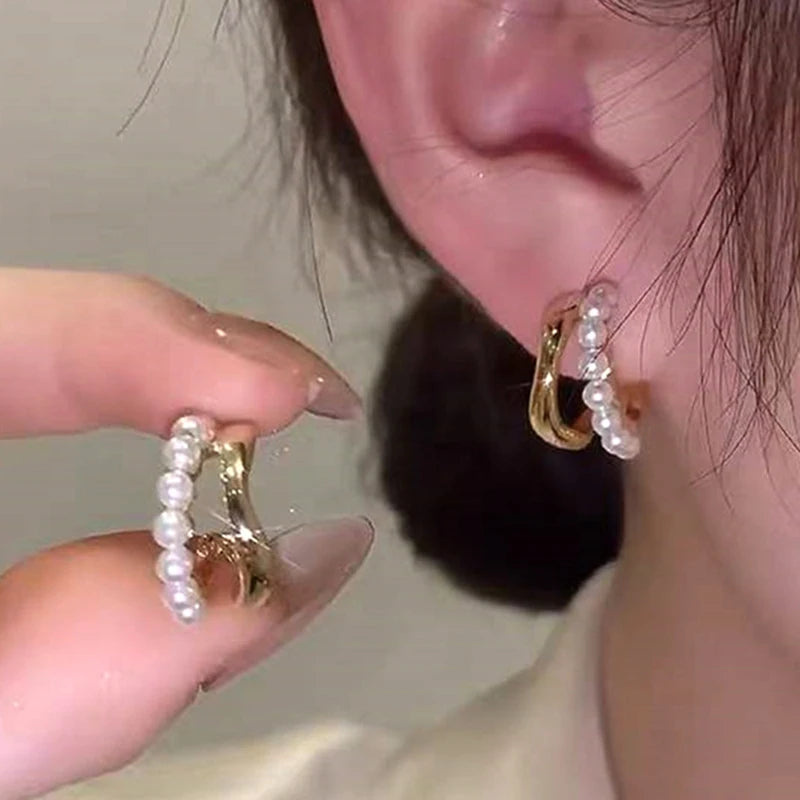 Geometric Wave Pearl Earrings 14K Plated S925 Silver Needle Accessories