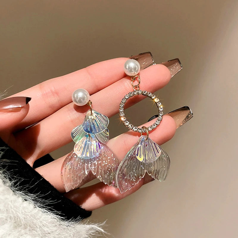 14K Plated Pearl Mermaid Fish Tail Drop Earrings Asymmetrical Jewelry