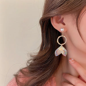 14K Plated Pearl Mermaid Fish Tail Drop Earrings Asymmetrical Jewelry