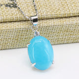 Natural Stone Jades Pendant Silver-Color Stainless Steel Chain Necklace