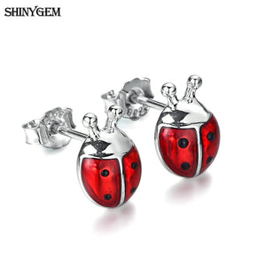 Delicate Red/Pink Beetle Ladybug Stud Earrings 925 Silver Jewelry Gift