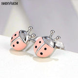 Delicate Red/Pink Beetle Ladybug Stud Earrings 925 Silver Jewelry Gift