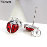 Delicate Red/Pink Beetle Ladybug Stud Earrings 925 Silver Jewelry Gift