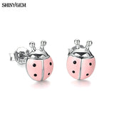 Delicate Red/Pink Beetle Ladybug Stud Earrings 925 Silver Jewelry Gift