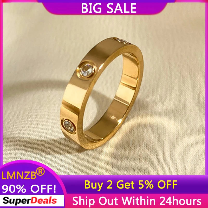 4mm Stainless Steel Yellow Love Rings for Women Men Couple CZ Crystal Rings
