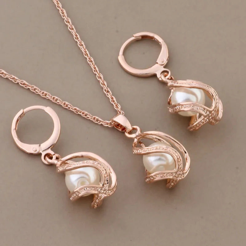 Vintage Rose Jewelry Set Unusual Pearl Earrings and Pendant Set