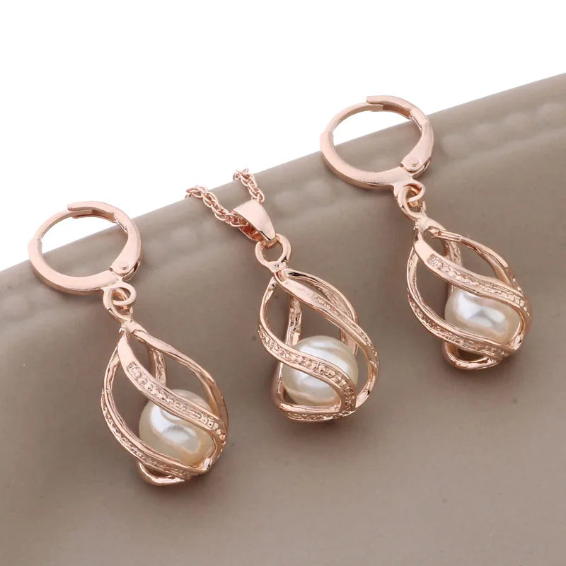 Vintage Rose Jewelry Set Unusual Pearl Earrings and Pendant Set