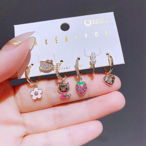 Crystal Flower Strawberry Cat Pendant Earring Set for Women