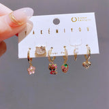 Crystal Flower Strawberry Cat Pendant Earring Set for Women