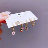Crystal Flower Strawberry Cat Pendant Earring Set for Women