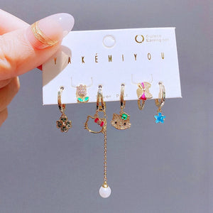 6pcs Green Crystal Clover Cat Pendant Earring Set for Women