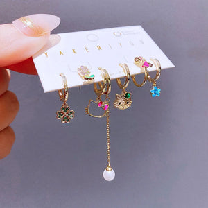 6pcs Green Crystal Clover Cat Pendant Earring Set for Women