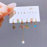 6pcs Green Crystal Clover Cat Pendant Earring Set for Women