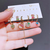 6pcs Green Crystal Clover Cat Pendant Earring Set for Women