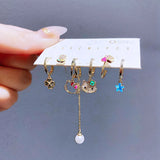 6pcs Green Crystal Clover Cat Pendant Earring Set for Women