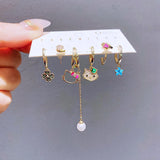6pcs Green Crystal Clover Cat Pendant Earring Set for Women