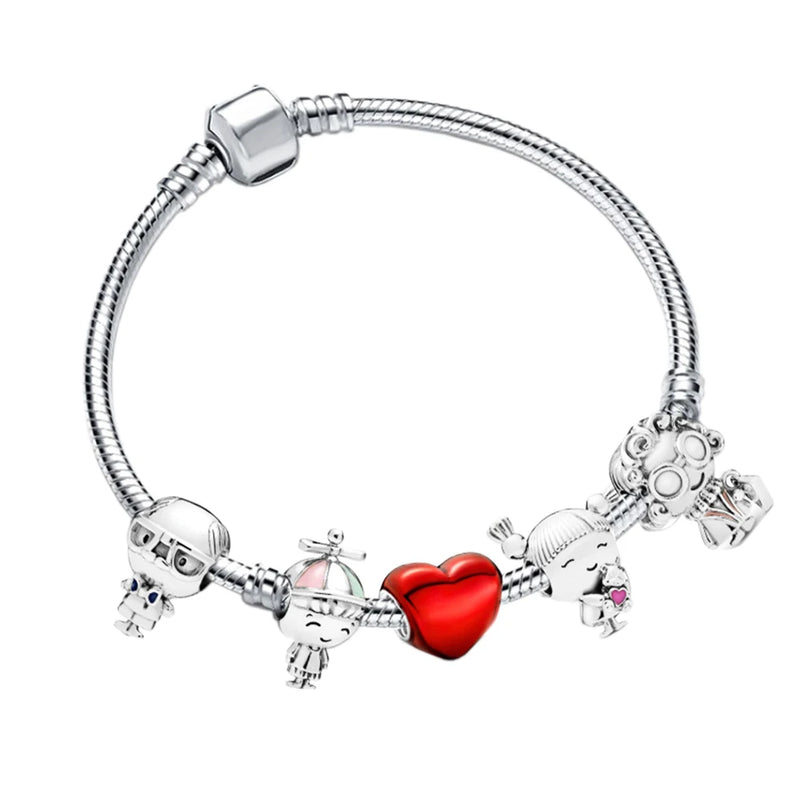 925 Silver Boys Girls Heart Snake Bracelet Set Red for Link DIY